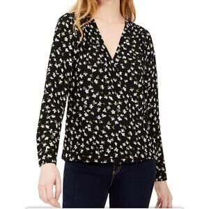 A22) Michael Kors Lily Floral Print Surplice Neck Wrap Black White size XS